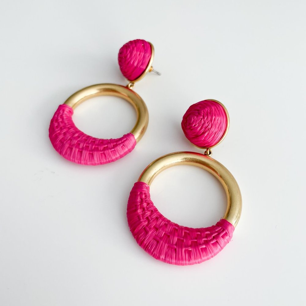 J. Crew Faux-Raffia-Wrapped Hoop Earrings (Vivid Begonia) - Picture 2 of 3